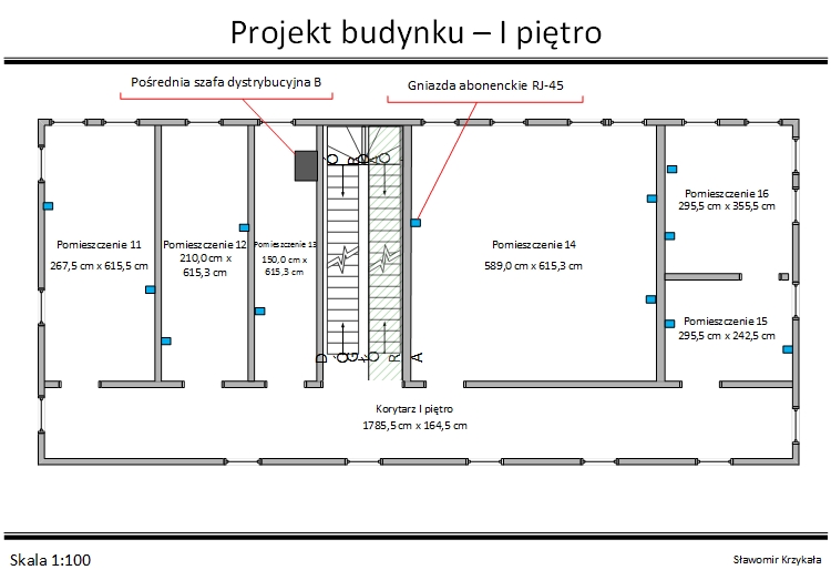 Schemat I piętro - rozmieszczenie punktów abonenckich i szaf dystrybucyjnych