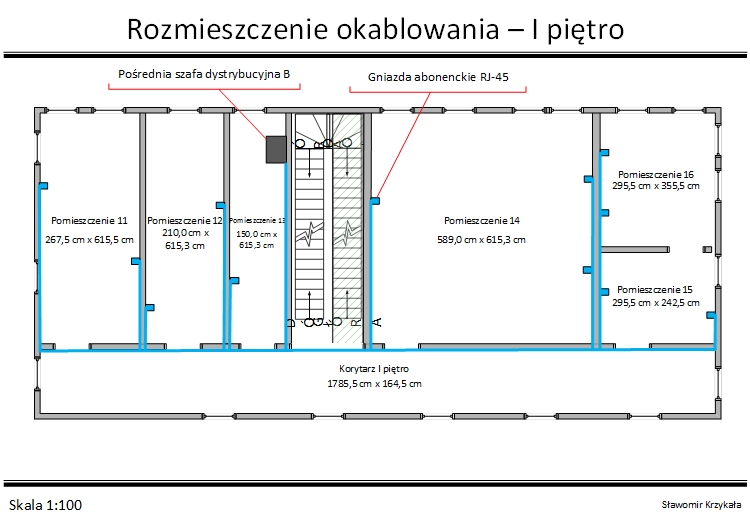 Schemat I piętro - rozmieszczenie punktów abonenckich, szaf dystrybucyjnych i okablowania