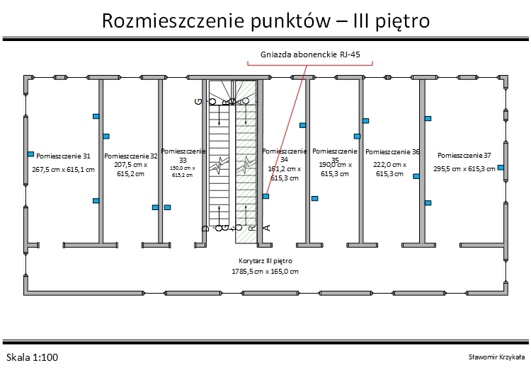 Schemat III piętro - rozmieszczenie punktów abonenckich