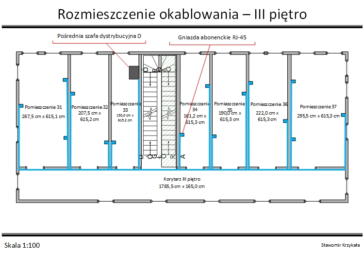 Schemat III piętro - rozmieszczenie punktów abonenckich, szaf dystrybucyjnych i okablowania