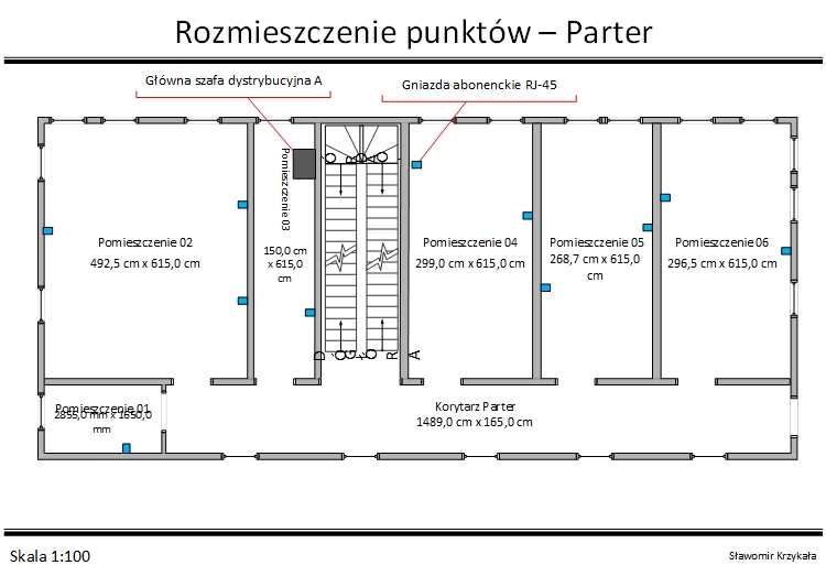 Schemat parter - rozmieszczenie punktów abonenckich i szaf dystrybucyjnych